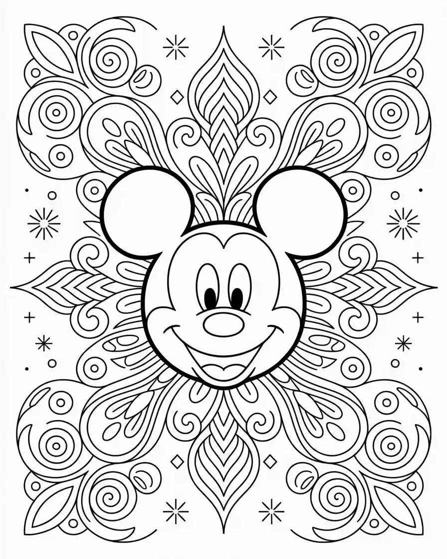 mickey mouse at centre of an intricate mandala