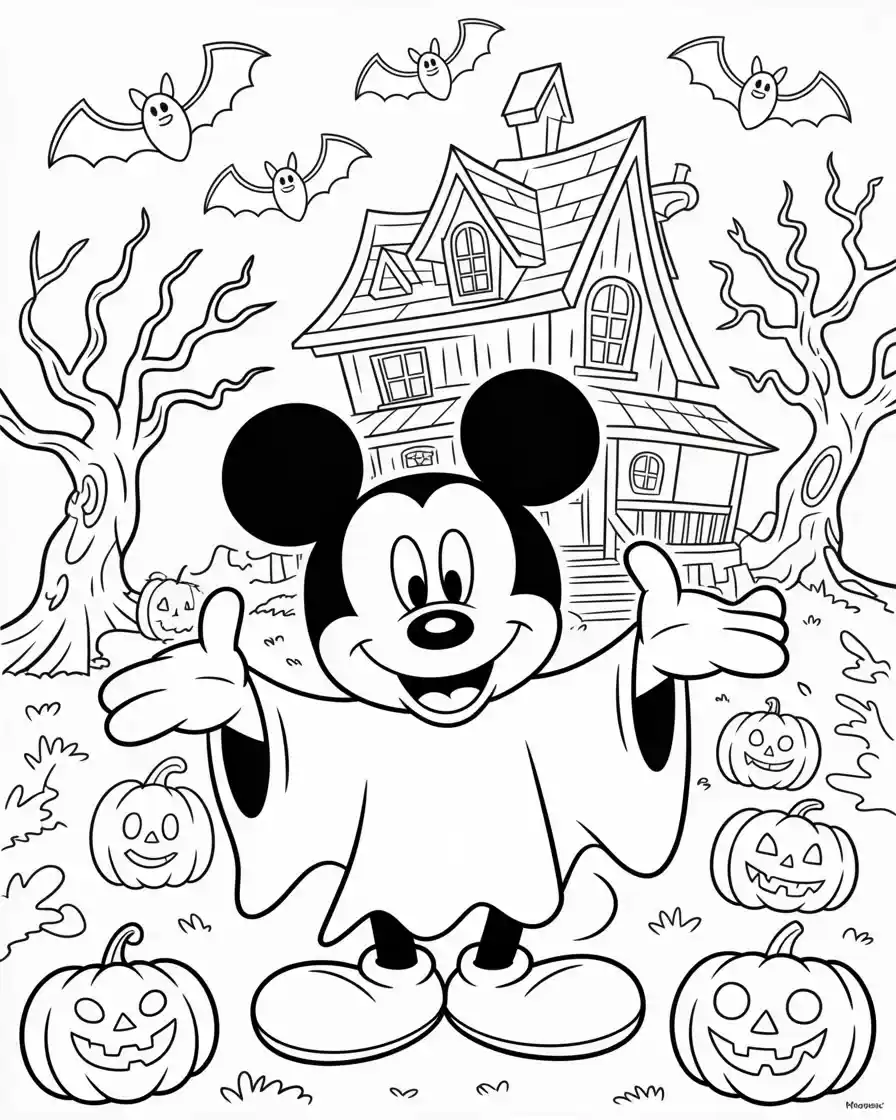 mickey mouse dressed as a ghost in front of haunted house