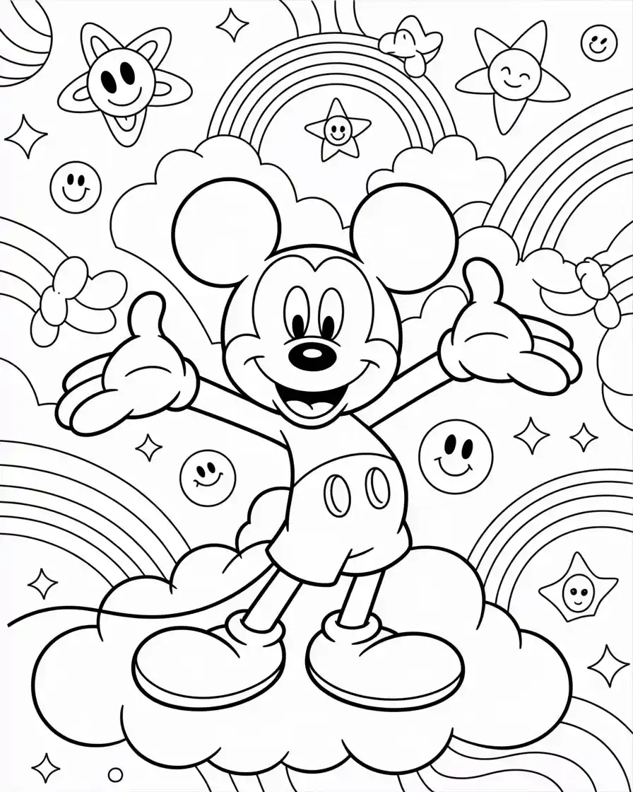 mickey mouse standing on a cloud in trippy landscape coloring sheet
