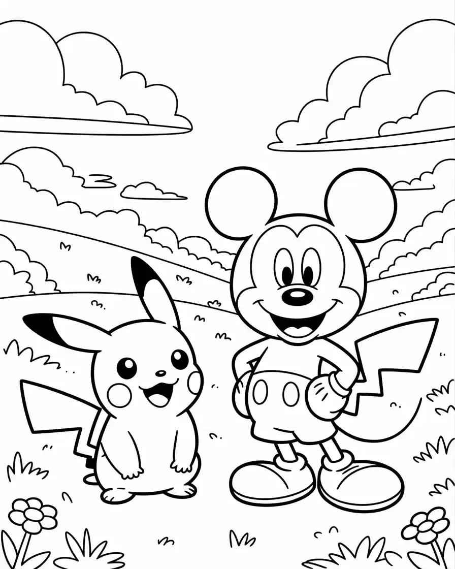 mickey mouse standing on a field with pikachu coloring sheet