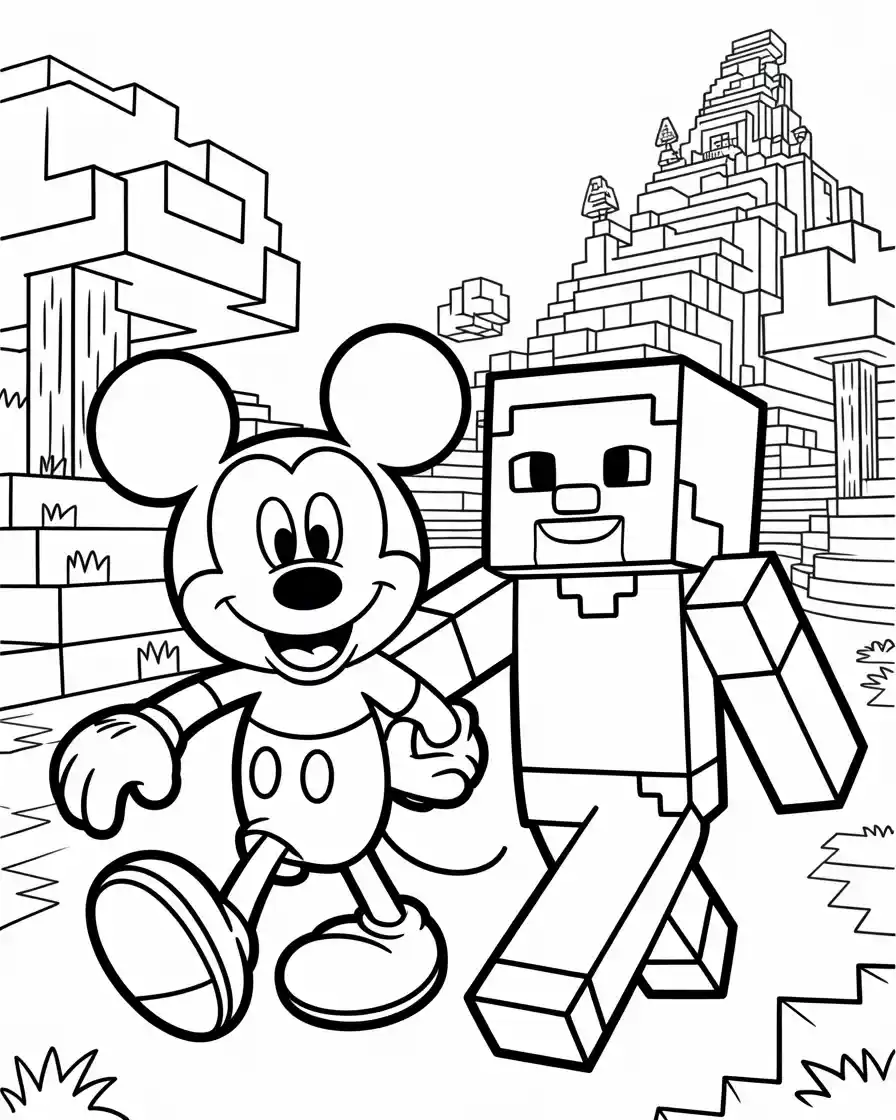 mickey mouse walking with minecraft steve coloring page