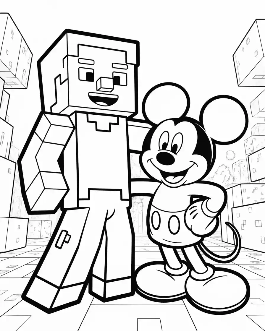minecraft steve with micky mouse coloring page for kids