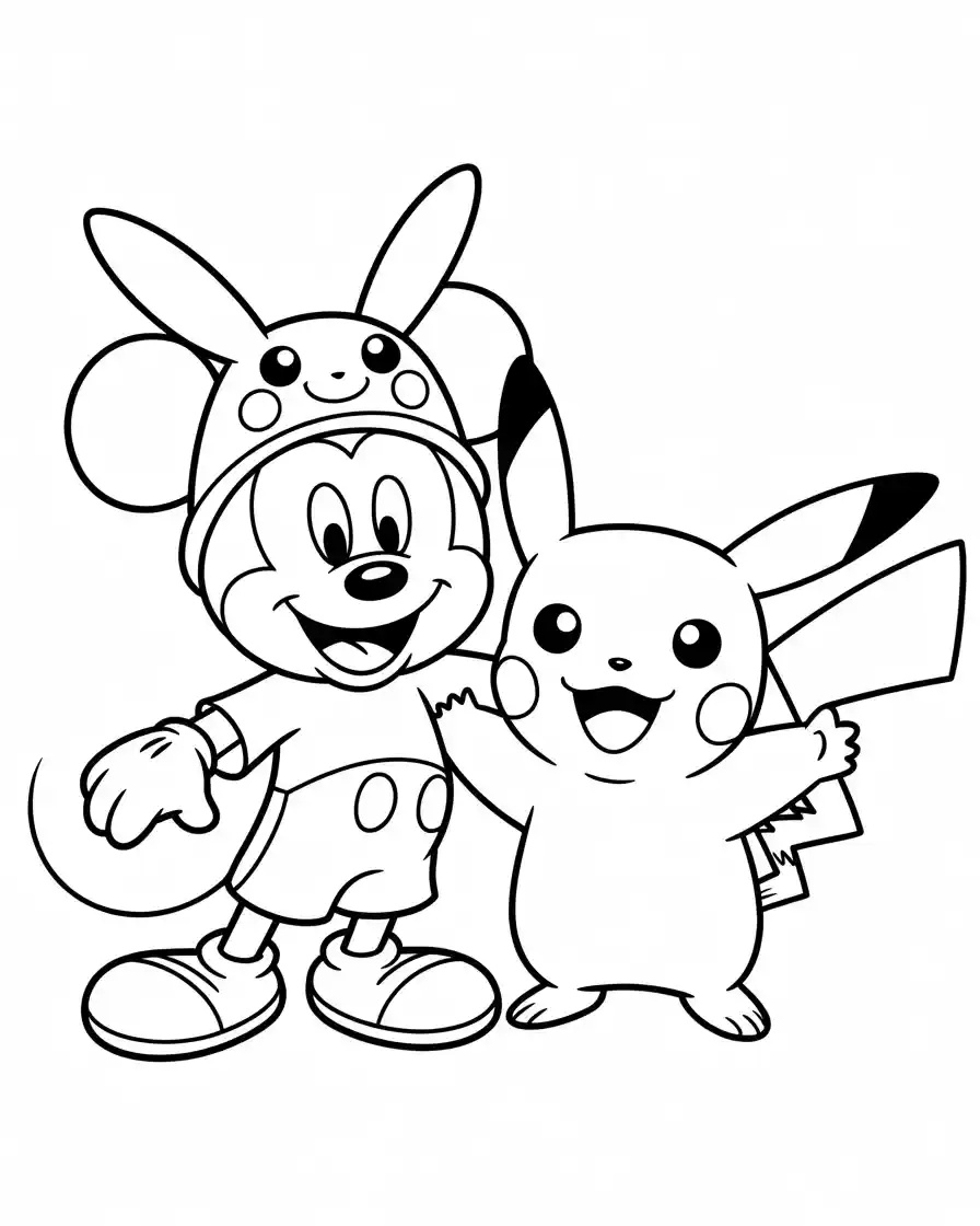 pikachu with mickey mouse coloring page for kids