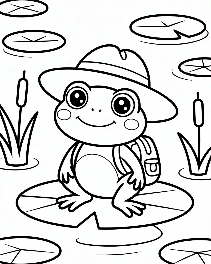 schoolboy frog on a lily pad coloring page