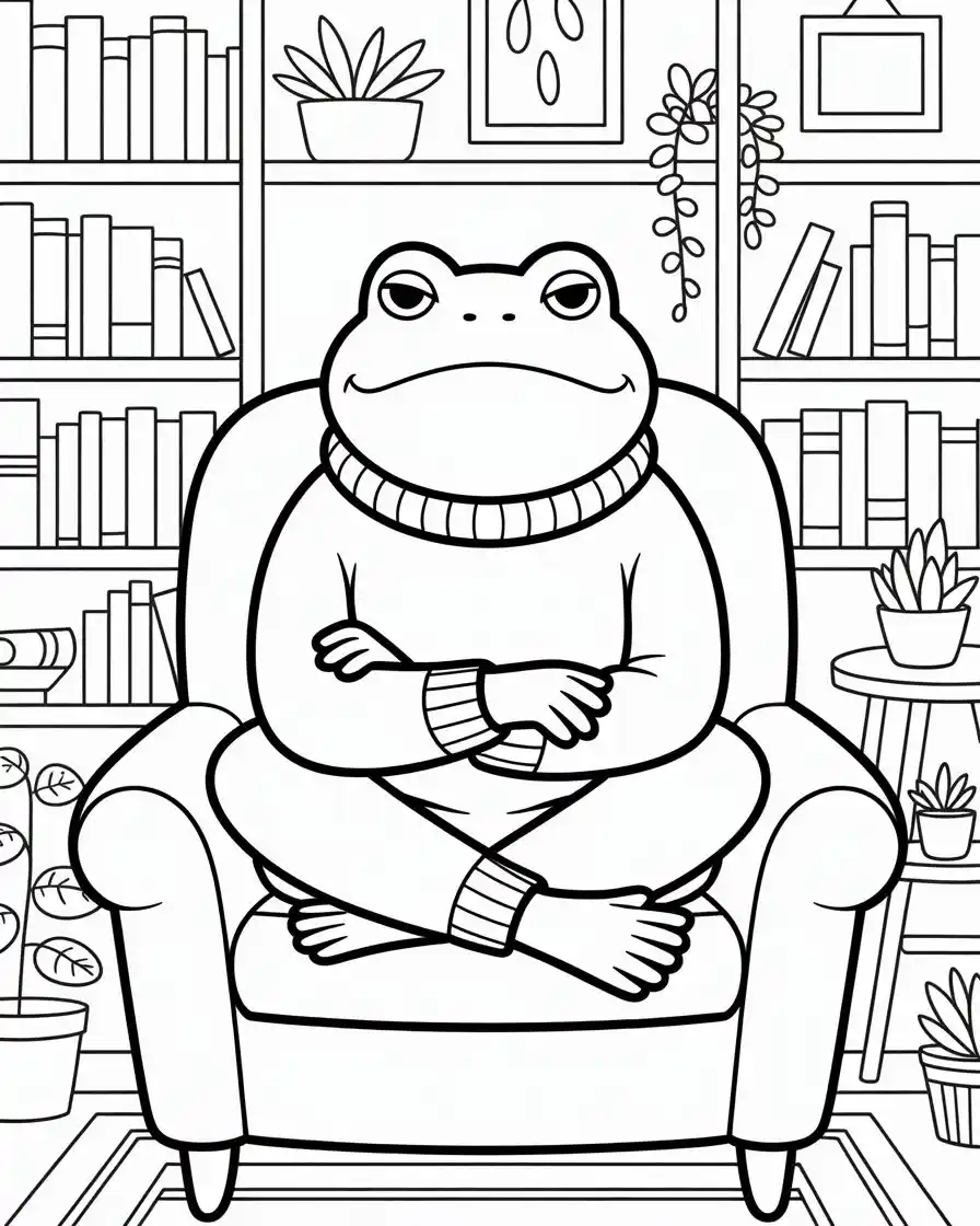 serious frog in a sweater coloring page