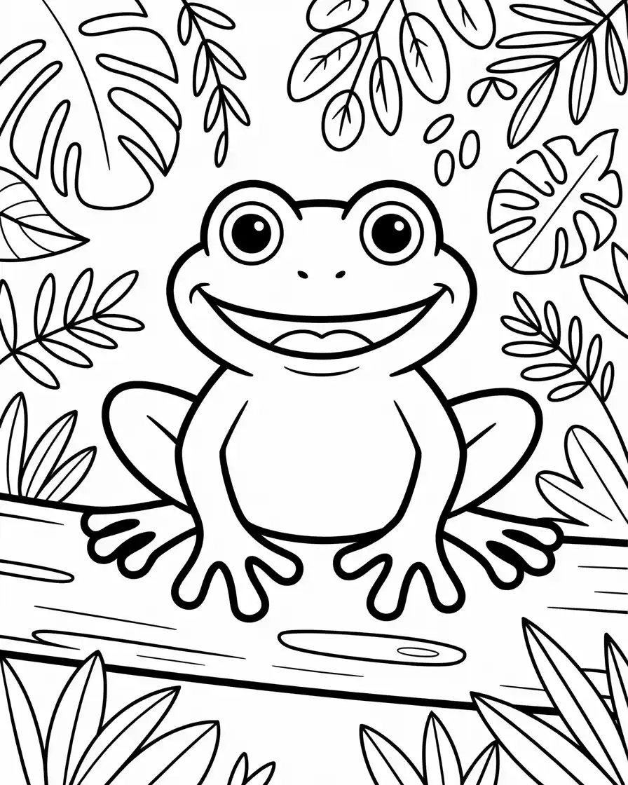 smiling frog resting on log