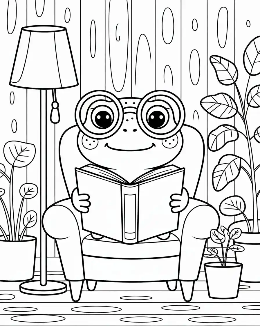spotted nerdy frog reading a book coloring sheet