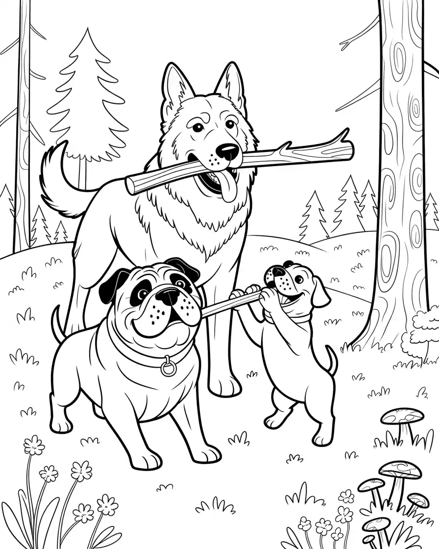 three dogs playing with large stick