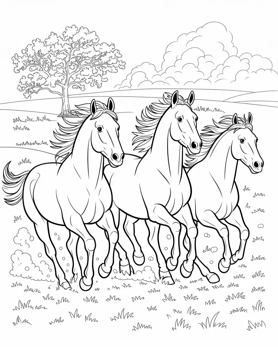 three wild horses running together