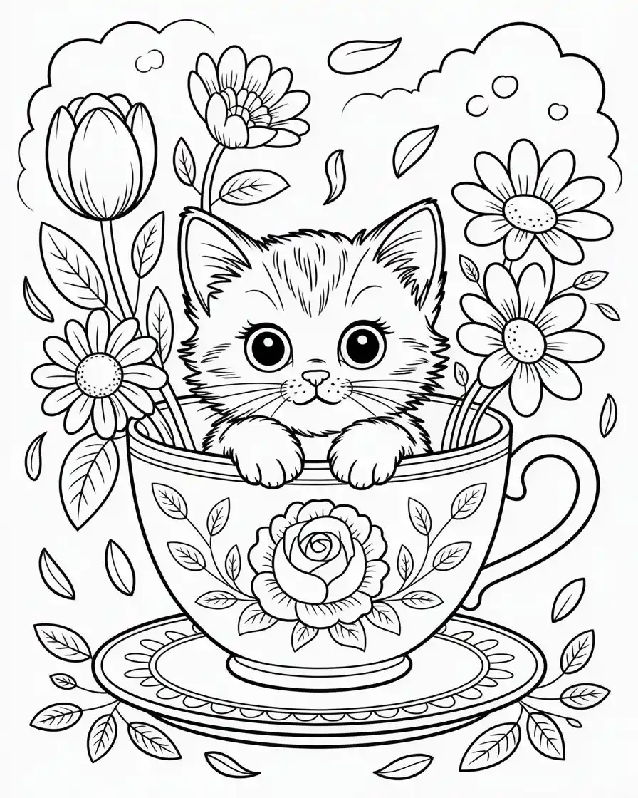 tiny cat inside a teacup full of flowers