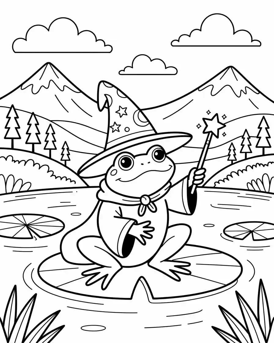 wizard frog holding a wand coloring sheet