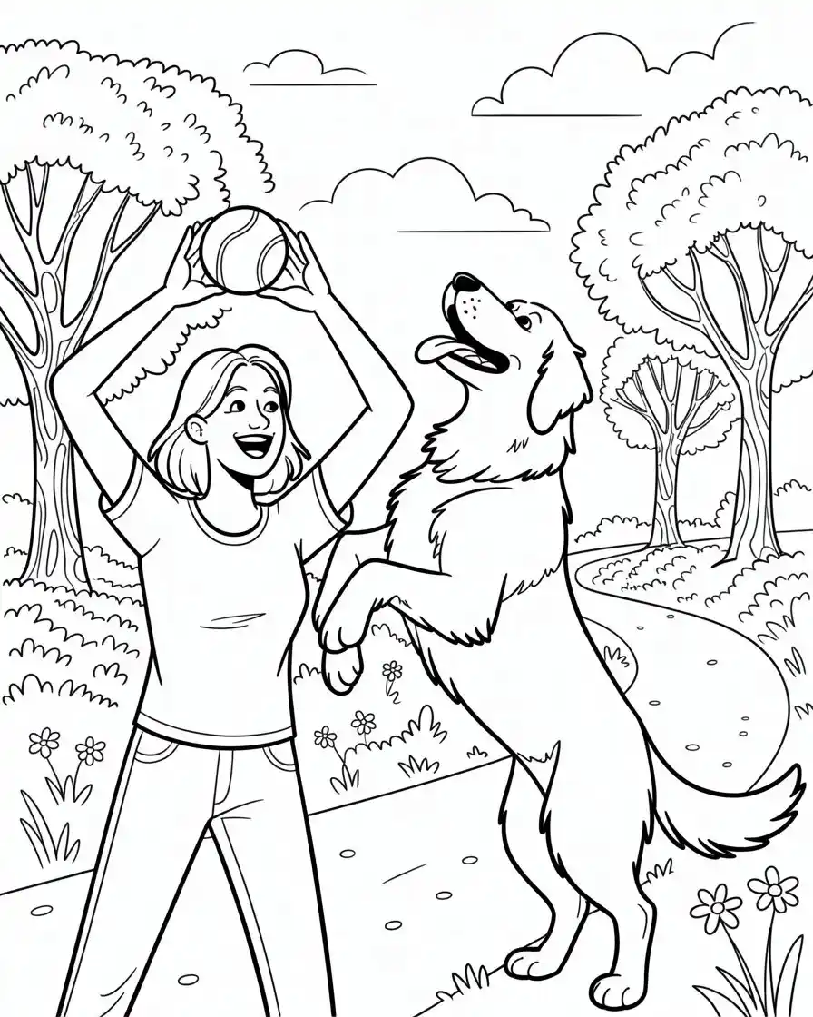 woman playing with large dog in park coloring sheet 1