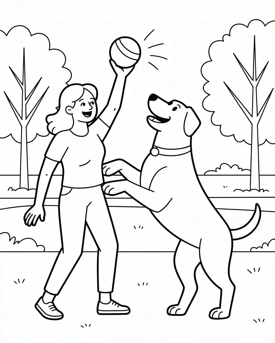 woman playing with large dog in park coloring sheet