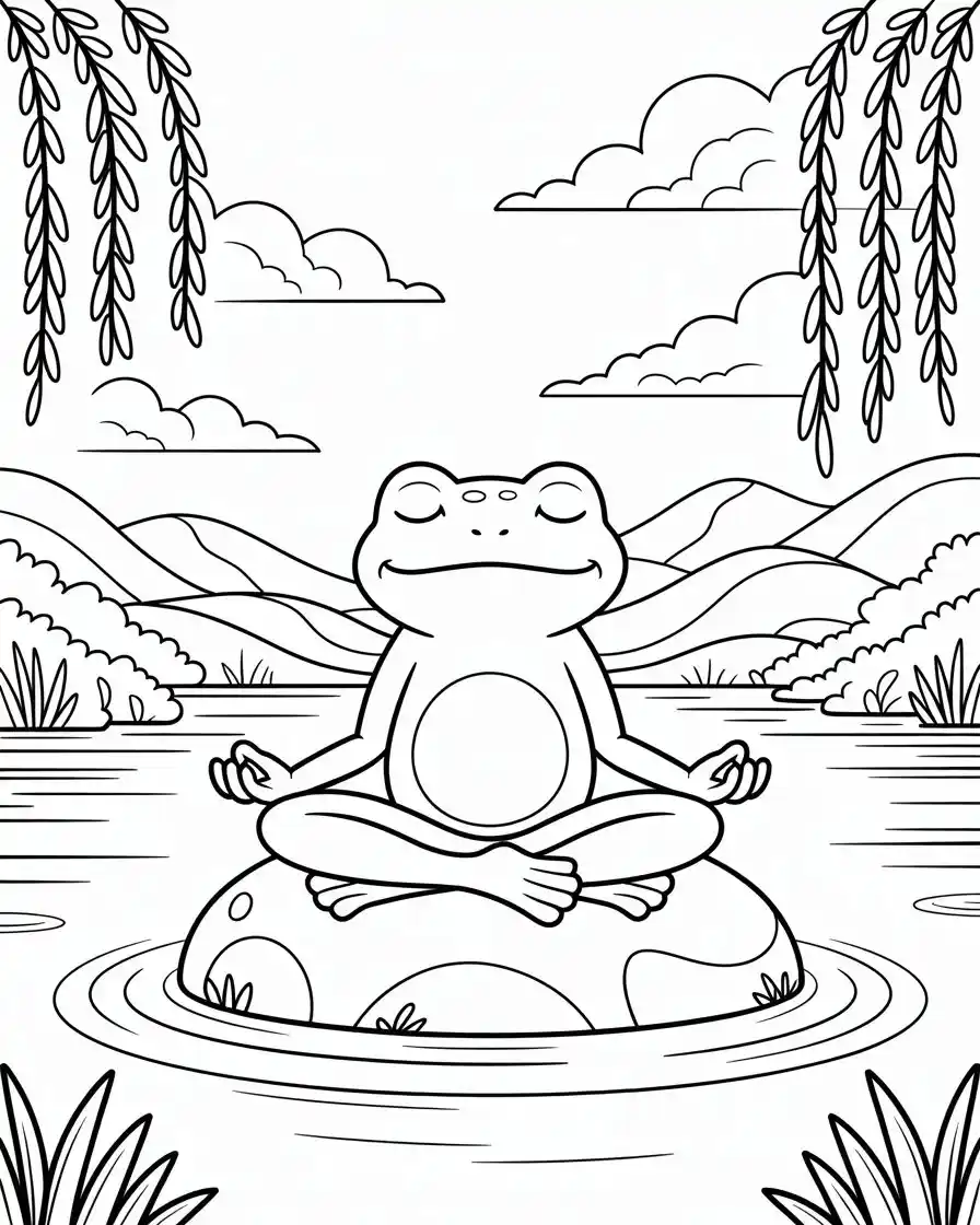 zen frog meditating on a rock color page