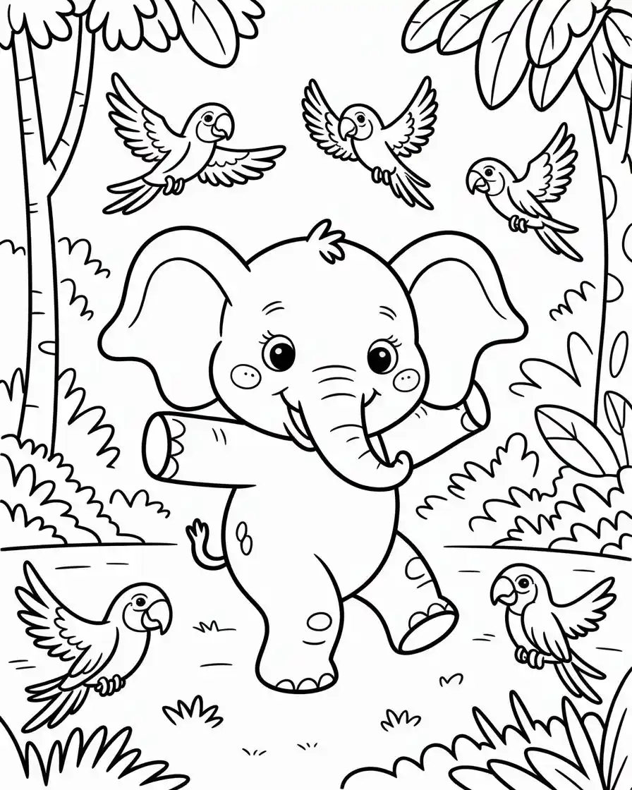 dancing elephant with parrots coloring page