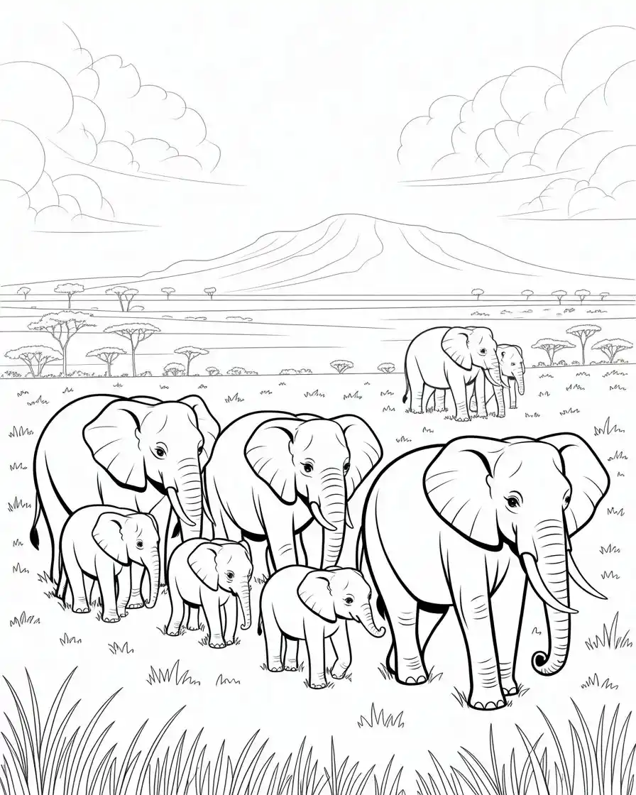elephant herd savanna coloring page