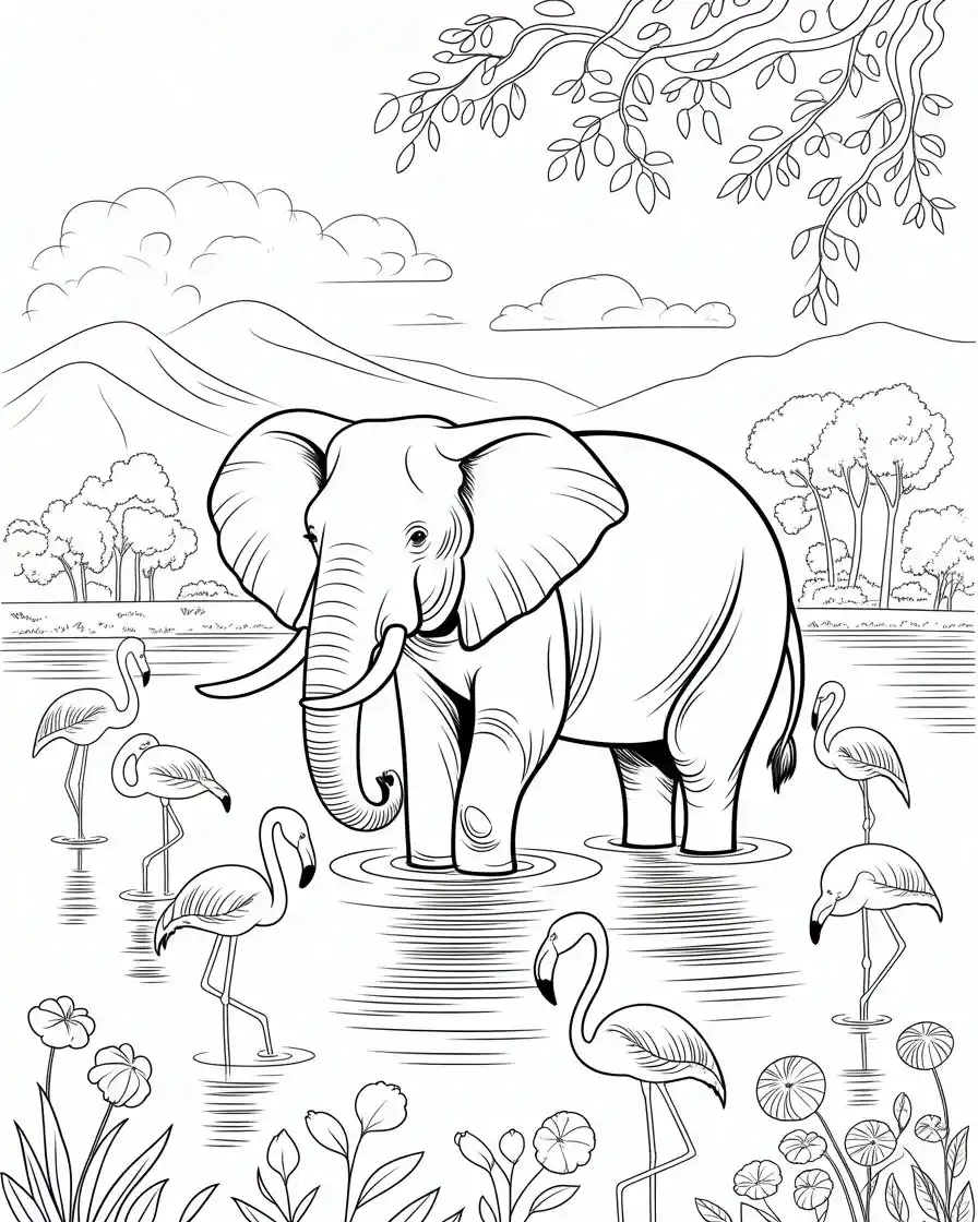 elephant with flamingos coloring page