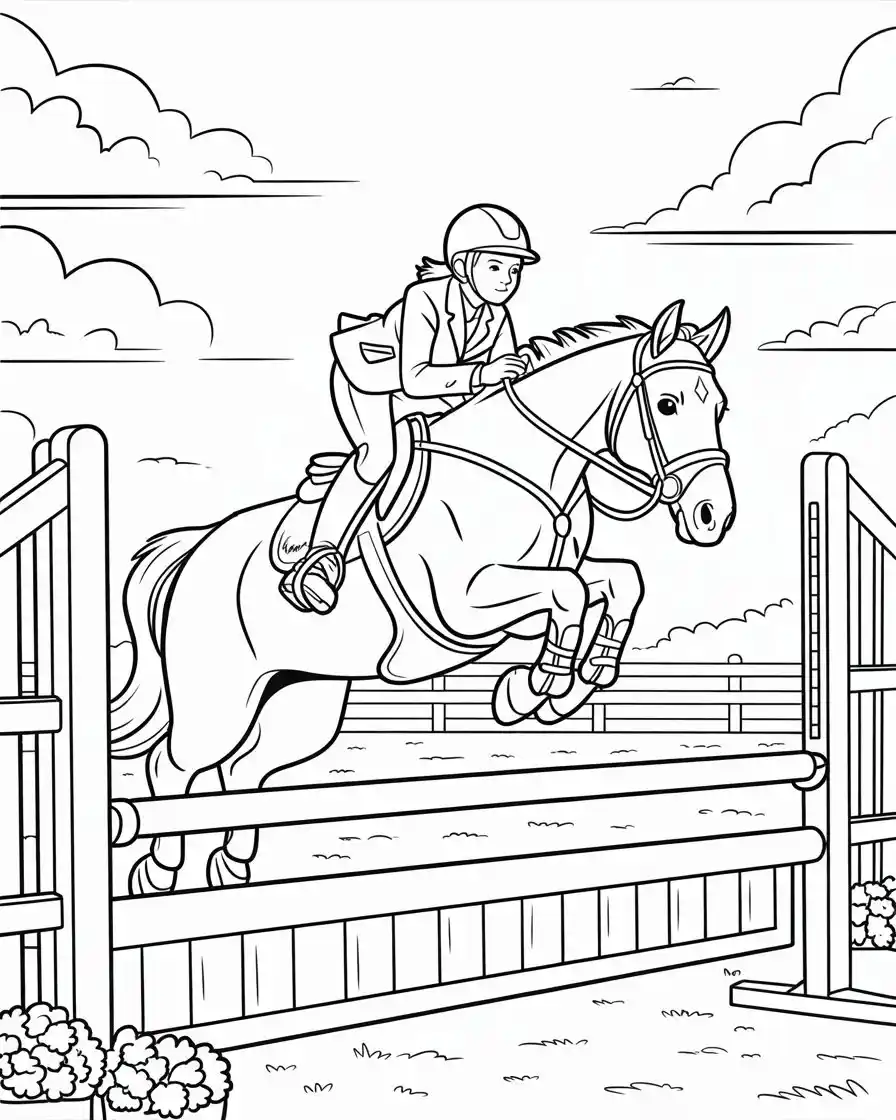 equestrian with horse jumping coloring page