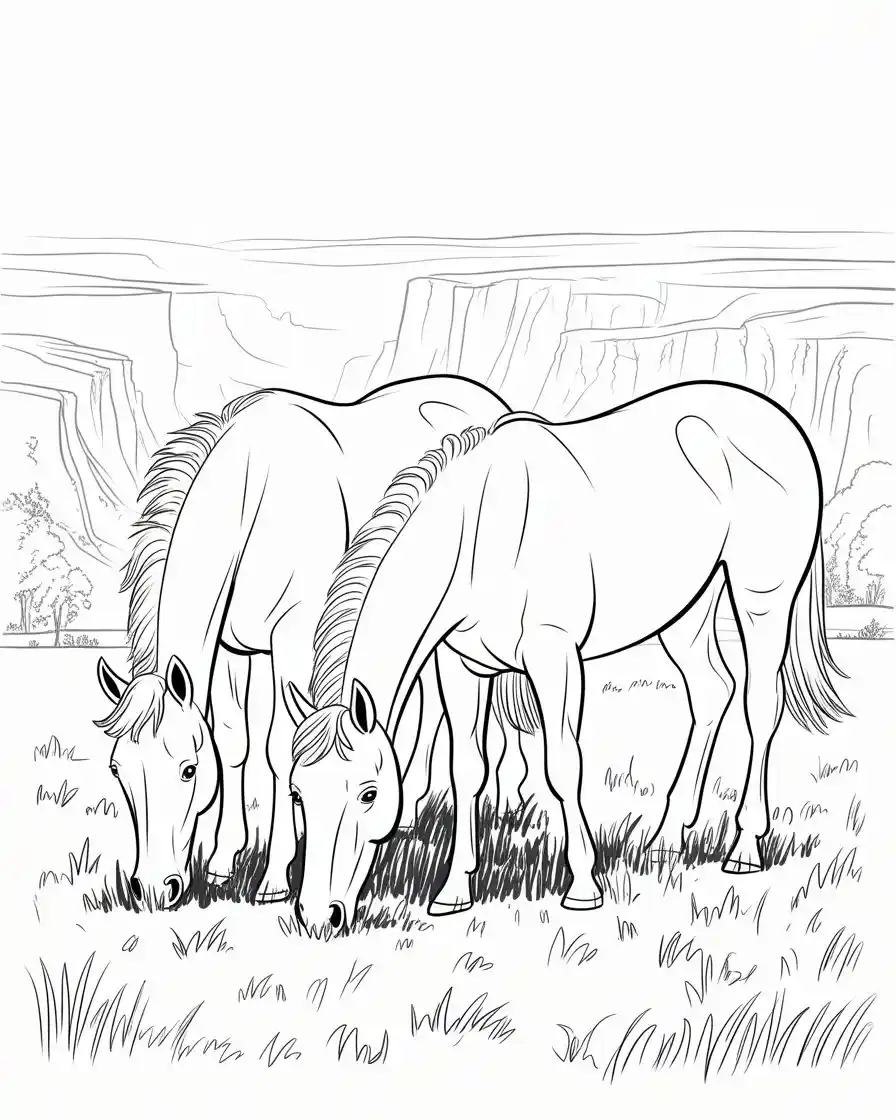 grazing horses coloring page