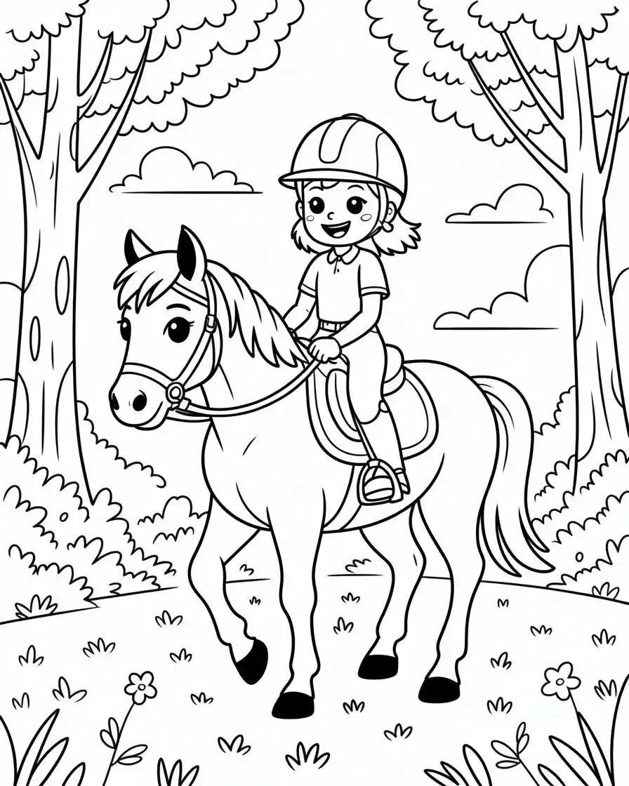 happy girl riding horse coloring sheet