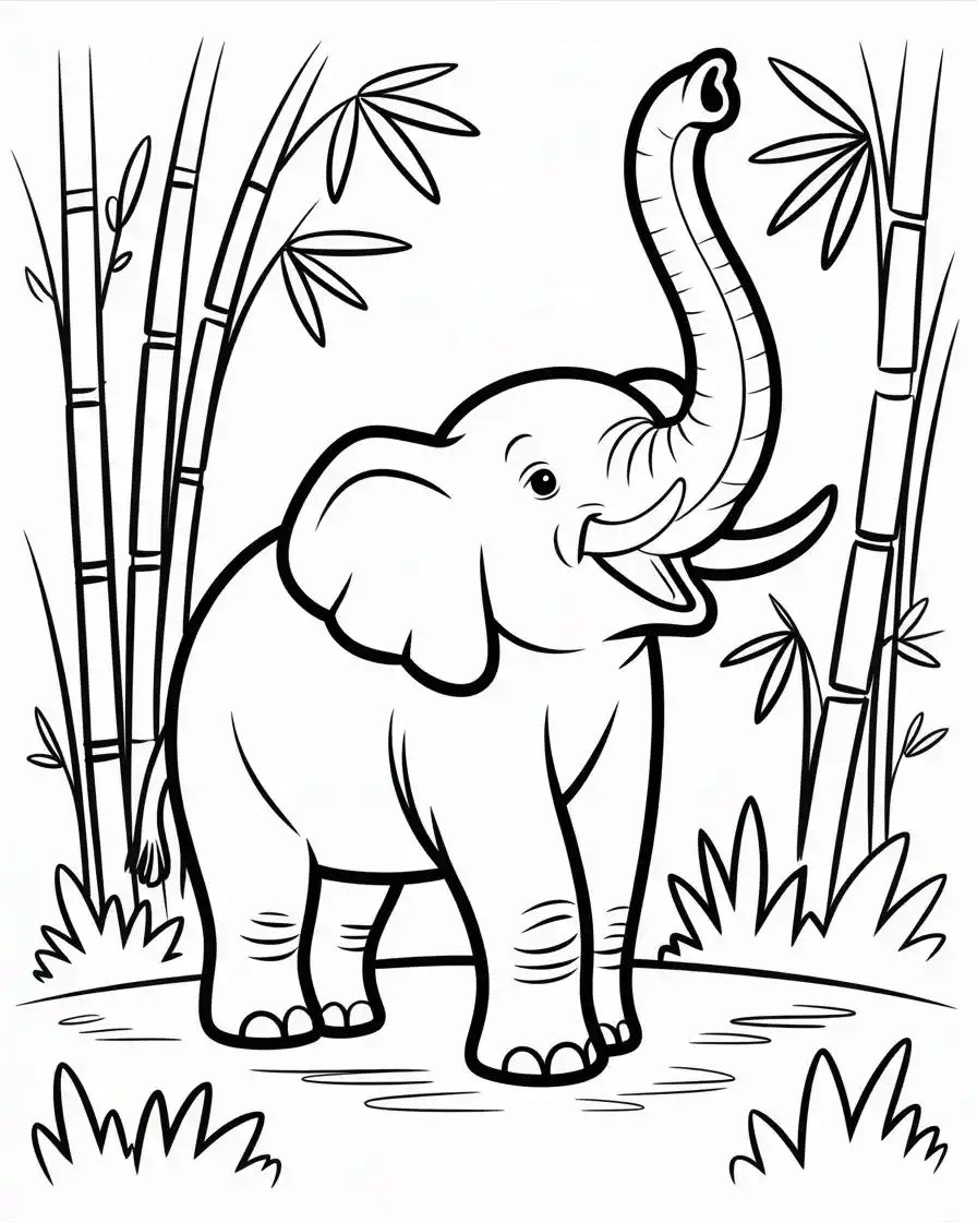 smiling elephant bamboo forest coloring page