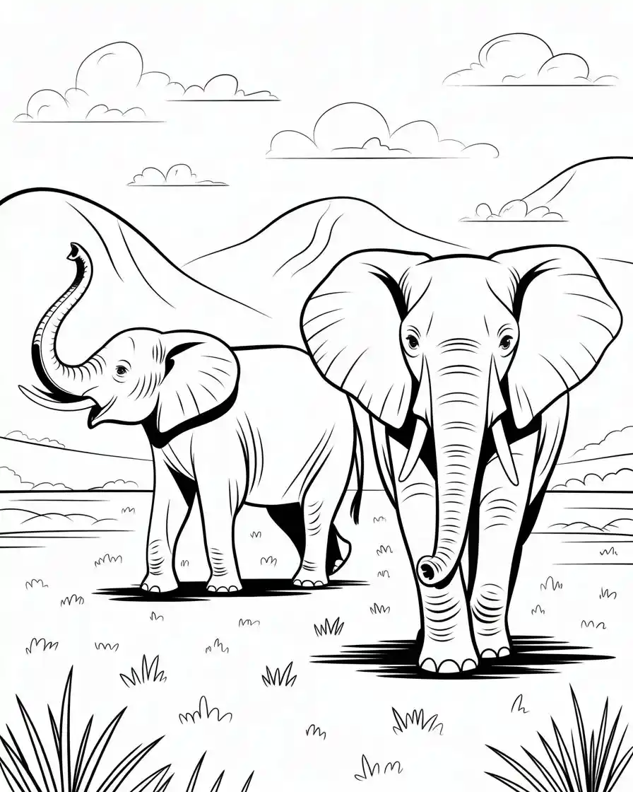 two elephants walking coloring page