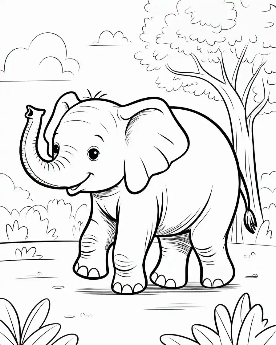 young elephant walking coloring page